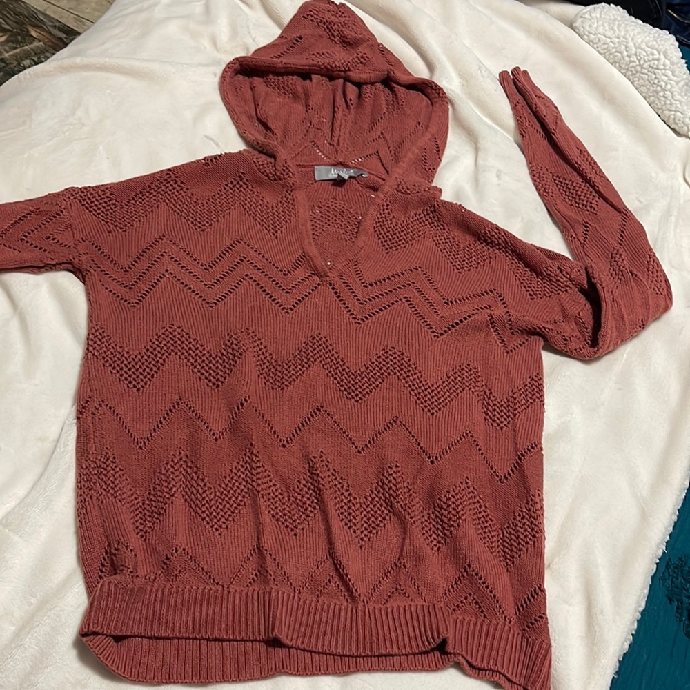 Long sleeved hooded sweater shirt.